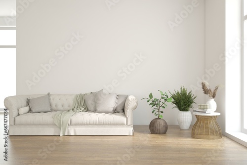 White living room with sofa. Scandinavian interior design. 3D illustration