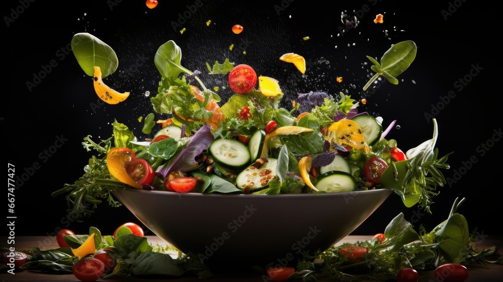 a bowl of salad with vegetables falling out of the top. generative ai a bowl of salad with vegetables falling out of the top. generative ai