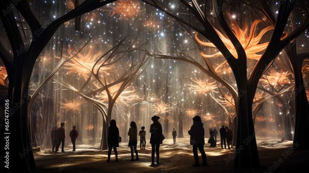  a group of people standing in a forest under a sky filled with stars.  generative ai