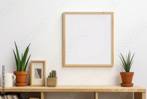 mock up empty poster frame on minimalist table, Ai generated Images