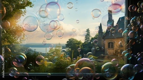 Wallpaper Mural  a view of a castle through a window with soap bubbles.  generative ai Torontodigital.ca