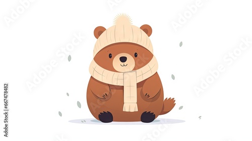  a brown bear wearing a white hat and scarf sitting on the ground. generative ai