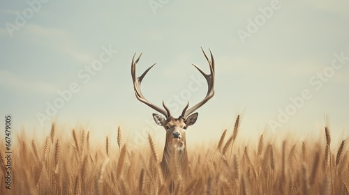  a deer with antlers standing in a field of tall grass. generative ai