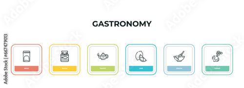 spice, pickle, teapot, lime, dough, turnip outline icons. editable vector from gastronomy concept. infographic template.