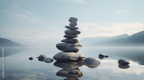  a stack of rocks sitting on top of a body of water.  generative ai