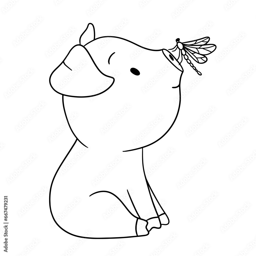 Cute outline piglet character with dragonfly. Hand drawn illustration isolated on white background. Funny Farm animal for coloring book Cute outline piglet character with dragonfly. Hand drawn illustration isolated on white background. Funny Farm animal for coloring book