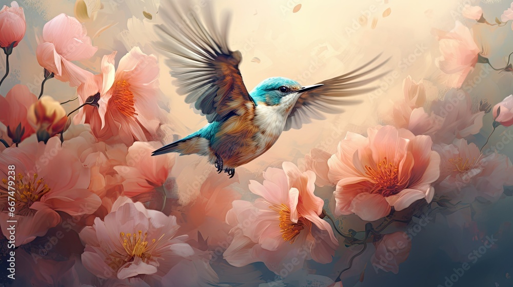  a painting of a bird flying over a bunch of flowers.  generative ai