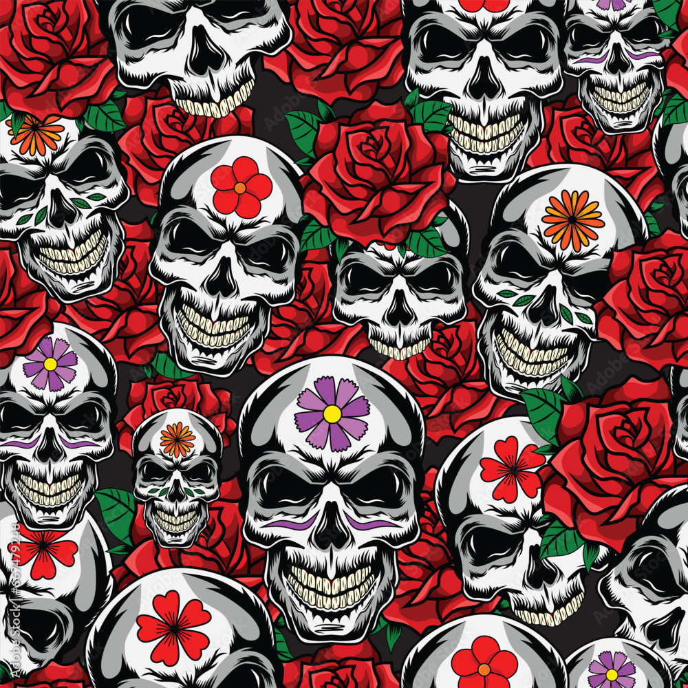 Skulls and Roses seamless pattern vector with black background