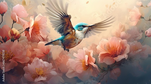  a painting of a bird flying over a bunch of flowers.  generative ai