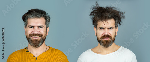 Man hair loss and problem hair. Hairs problems. Sad and happy. Haircare and loss hair problem. Tangling hairs. Combing damaged hairs. Beard and mustache. Hairstyle, hair stylist. Male beauty. photo