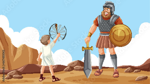 David Holding Sling, Fighting Goliath: A Biblical Battle