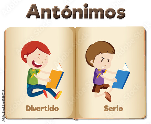Divertido and Serio: An Antonym Word Card in Spanish means funny and serious