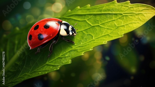  a ladybug sitting on a green leaf in the sunlight. generative ai