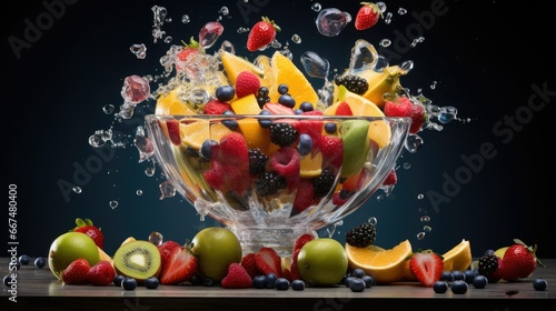  a glass bowl filled with lots of different types of fruit. generative ai