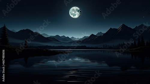  a night scene with a full moon over a mountain lake.  generative ai © Anna