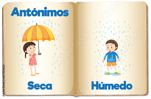 Antonym Word Card: Seca and Húmedo means dry and wet