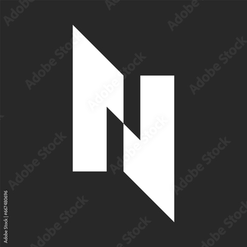 Monogram N bold letter logo, wide white lines sharp geometric shape, creative black and white logotype minimal design.