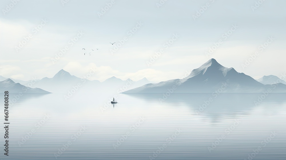  a lone boat floating on a lake with mountains in the background.  generative ai