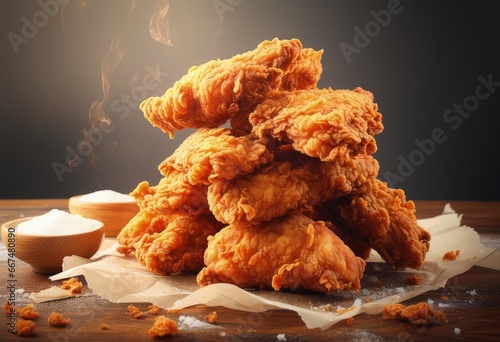 the delicious fried chicken pieces are on a white background, in the style of marcin sobas, heavy lines, orthogonal, angular, heavy texture, low-angle shots, photo taken with provia