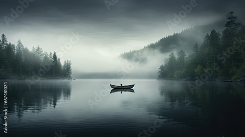  a boat floating on top of a lake surrounded by forest.  generative ai