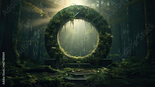  a forest scene with a large circular object in the middle.  generative ai