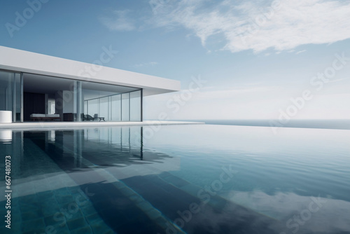 Luxury residential minimalist villa with pool and calm ocean on horizon generative ai