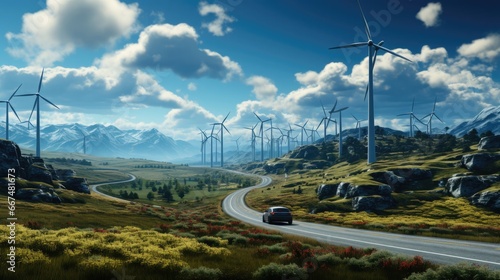 Futuristic wind power plant with windmills, concept eco-friendly care for the environment and green energy