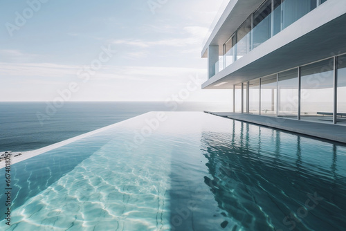 Luxury residential minimalist villa with pool and calm ocean on horizon generative ai © Tohamina
