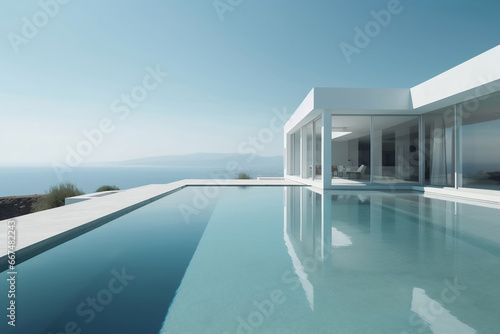 Luxury residential minimalist villa with pool and ocean on horizon generative ai