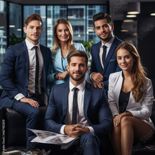 A photo of attractive real estate agents at work in a modern office, featuring 5 individuals, both men and women, of Russian and Kazakh nationalities, all with happy expressions.