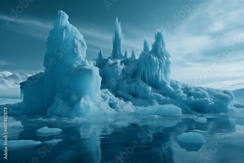 Magic ice castle on iceberg at frozen landscape generative ai