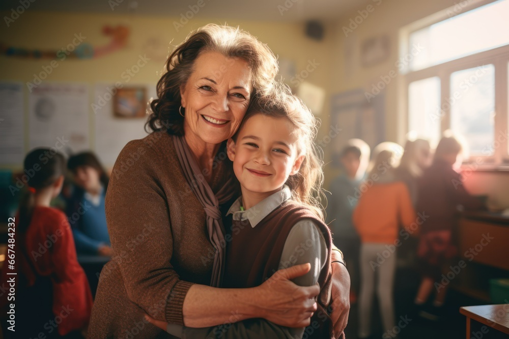 an older teacher with her young student. classroom. education. 