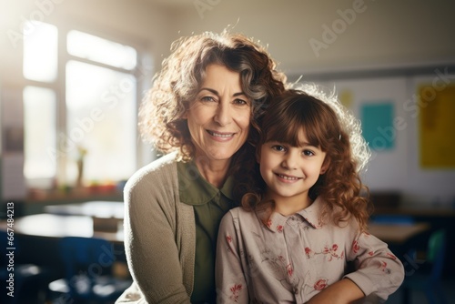 an older teacher with her young student. classroom. education. 