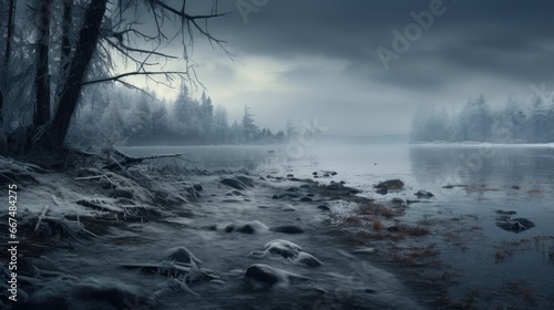  a dark and snowy scene of a lake with trees in the background. generative ai