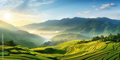 A panoramic view of the lush rice terraces, showcasing the harmony between nature and agriculture by generative ai