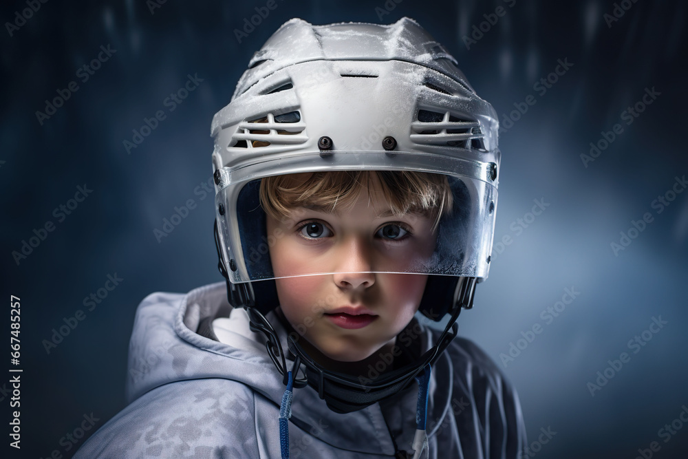 Little boy in hockey helmet on dark background. Little boy in hockey helmet on dark background.