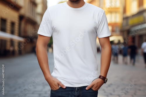 Man in white blank t-shirt standing on city street. Mock-up t-shirt.