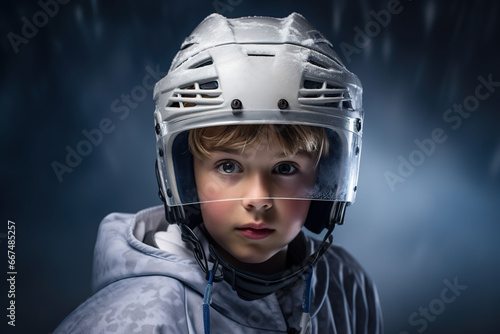 Little boy in hockey helmet on dark background. © YULIYA
