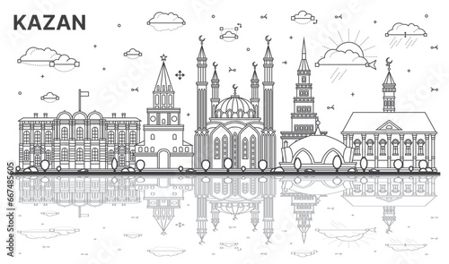 Outline Kazan Russia city skyline with historic buildings and reflections isolated on white. Kazan cityscape with landmarks.