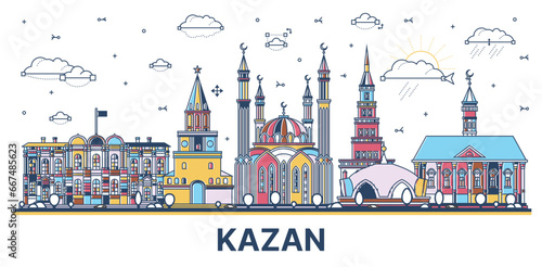 Outline Kazan Russia city skyline with colored modern and historic buildings isolated on white. Kazan cityscape with landmarks.