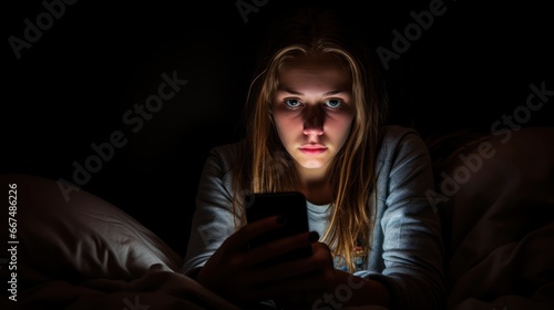Life Apathy. Unmotivated Young Woman In Bed Staring At Smartphone Screen, Suffer From Sleep Desorder, 
