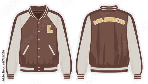 Beige brown varsity jacket front and back view, vector mockup illustration