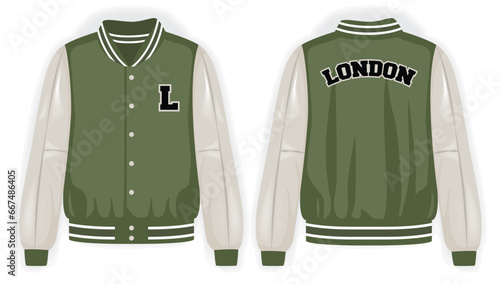 Beige green varsity jacket front and back view, vector mockup illustration