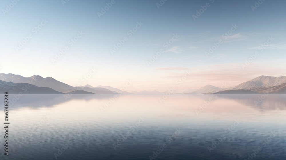  a large body of water with mountains in the background and a blue sky.  generative ai