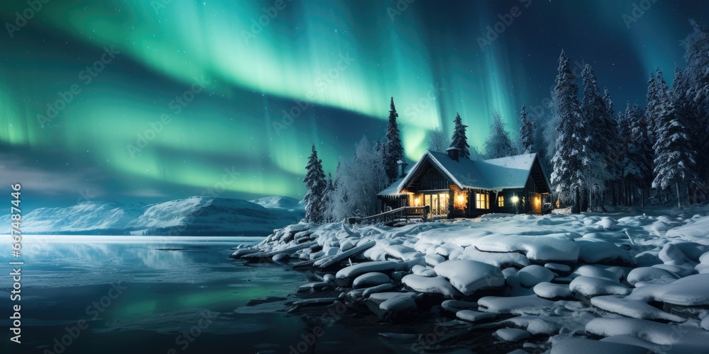 The Northern Lights light up the night sky in the Arctic. Beautiful atmosphere by Generative AI