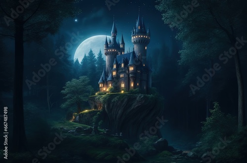 Fairy tale castle in a moonlight. Generative ai photo