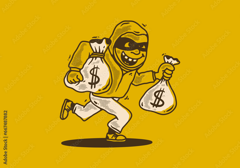 Character illustration of a thief carrying sacks of money Character illustration of a thief carrying sacks of money