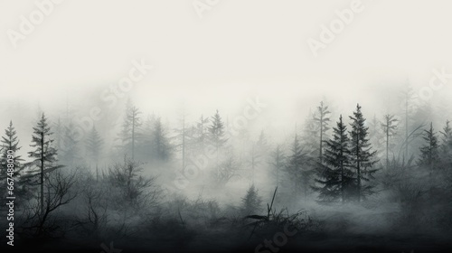  a black and white photo of a foggy forest filled with trees.  generative ai
