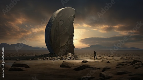  a man standing next to a giant rock in a desert.  generative ai