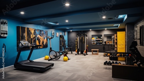 A basement transformed into a home gym, with various exercise equipment and motivational posters on the walls.